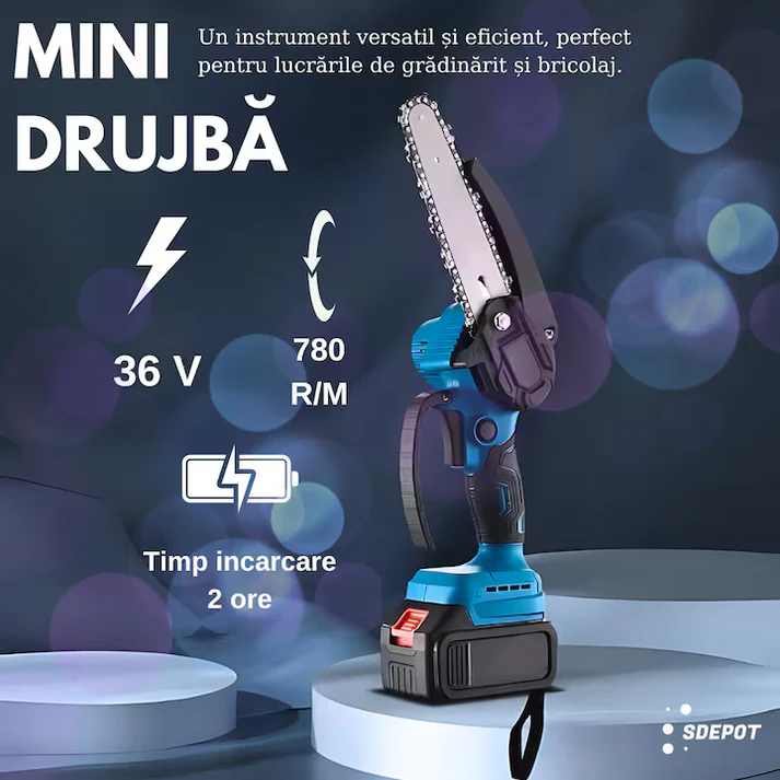 Mini drujbă electrică fără fir 8 inch, 48V, 2 acumulatori Li-Ion, set complet cu lanț și accesorii