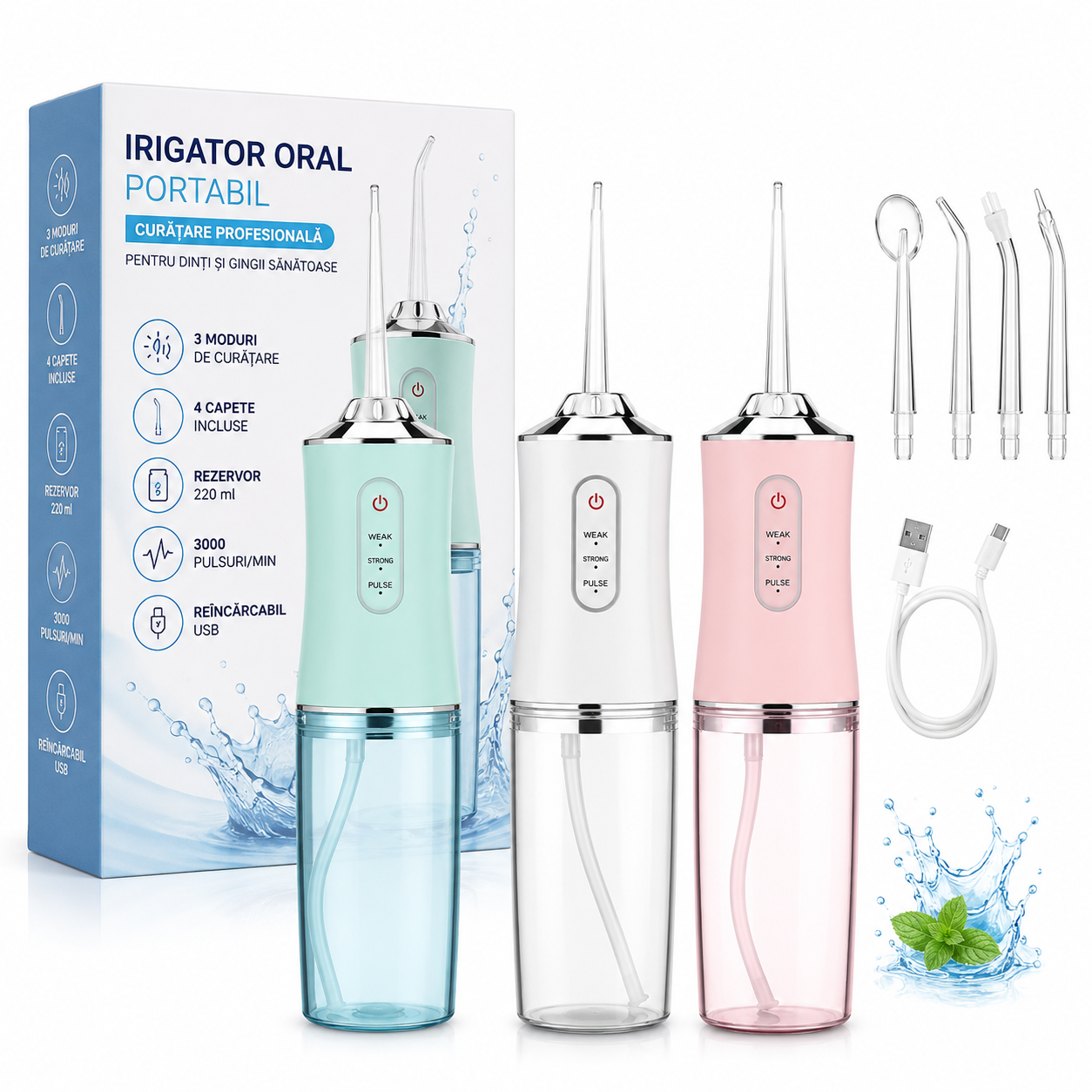 Irigator Oral Electric Portabil 220 ml, 3 Moduri, 4 Capete, 3000 Puls/min, Reîncărcabil USB