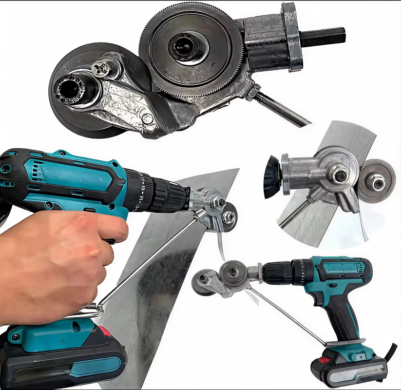 Adaptor pentru Tăiere Tablă cu Role, Compatibil Bormașină 6-13 mm, Cap Rotativ 360°, Tăiere Dreaptă și Curbă, Accesorii Incluse