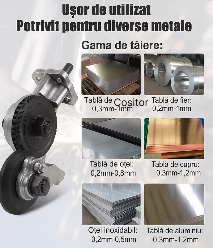 Adaptor pentru Tăiere Tablă cu Role, Compatibil Bormașină 6-13 mm, Cap Rotativ 360°, Tăiere Dreaptă și Curbă, Accesorii Incluse
