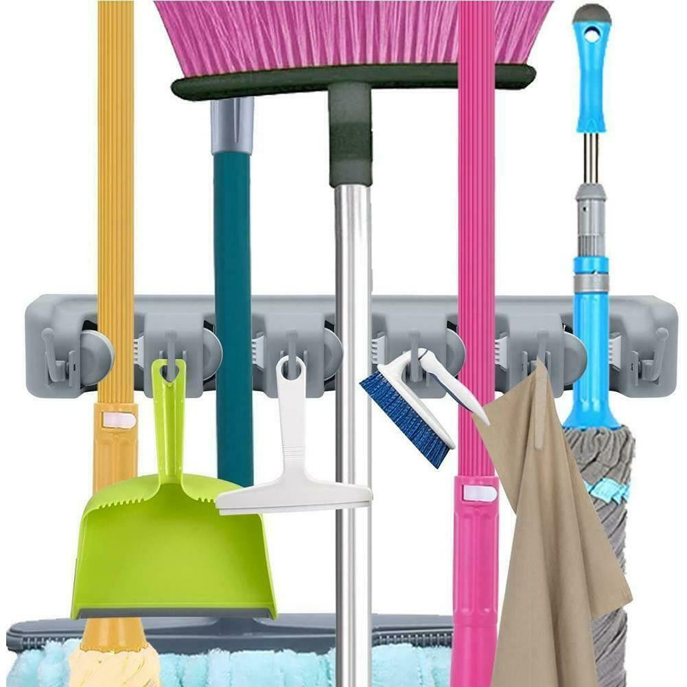 Organizator de Perete pentru Mop și Mătură, Suport Multifuncțional cu 5 Locuri și 6 Cârlige, Montare pe Perete, pentru Casă, Garaj și Debara