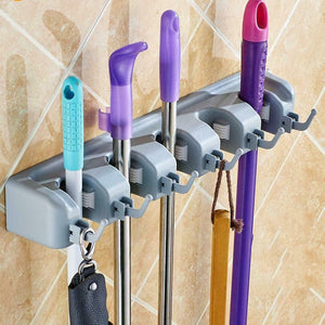 Organizator de Perete pentru Mop și Mătură, Suport Multifuncțional cu 5 Locuri și 6 Cârlige, Montare pe Perete, pentru Casă, Garaj și Debara