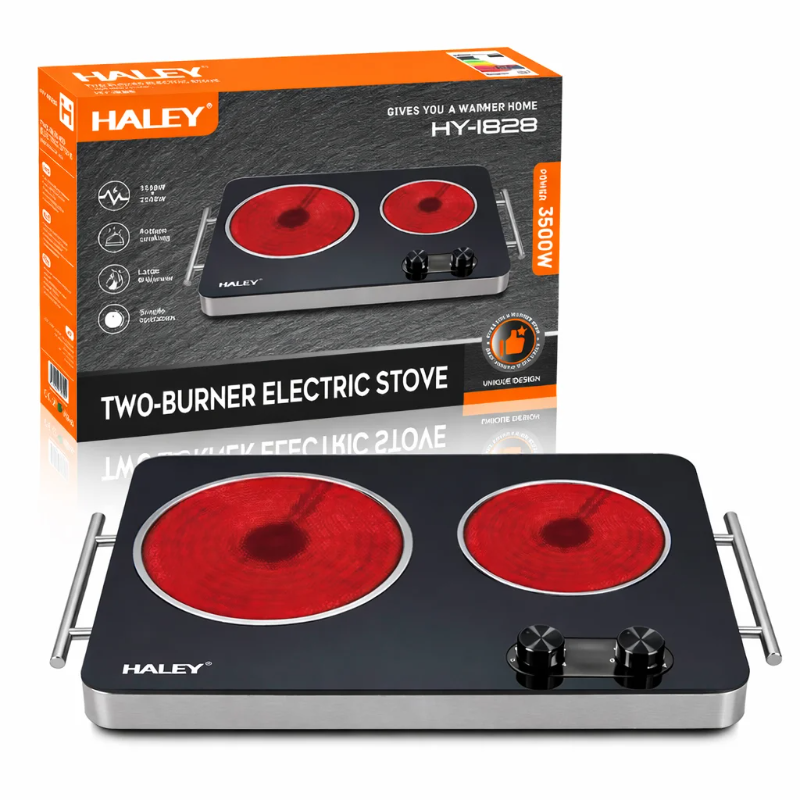 Plita Electrica Dubla HALEY, Garantie 3 Ani, 2 Zone de Gatit, Suprafata din Sticla Neagra, Control Reglabil, Design Elegant