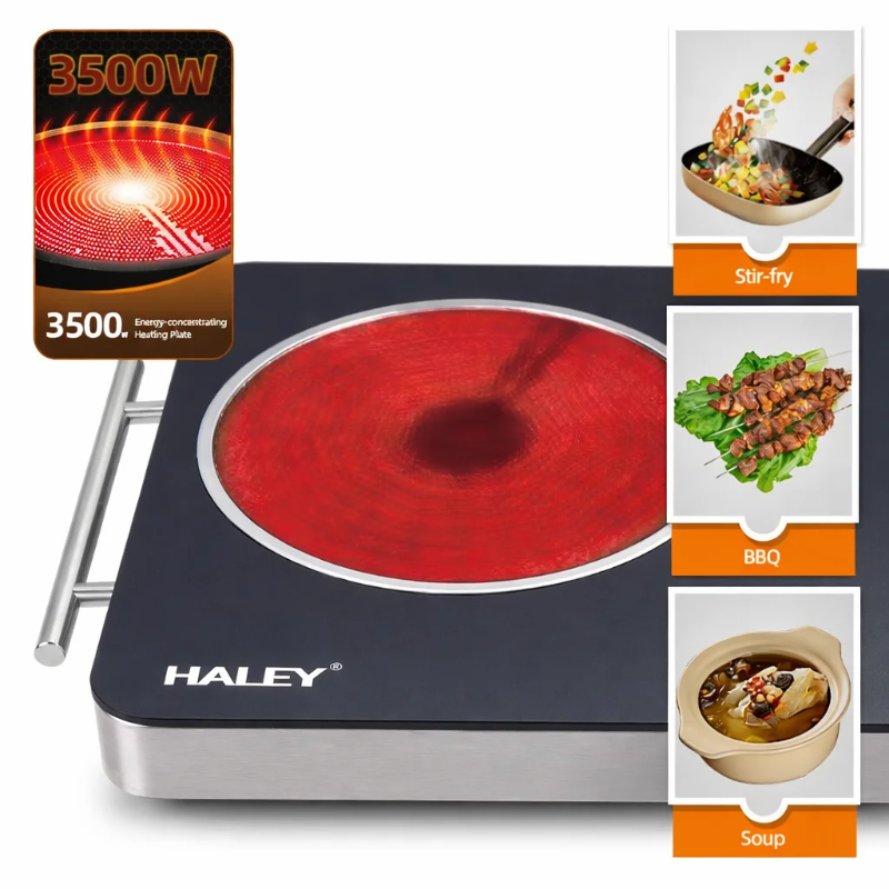 Plita Electrica Dubla HALEY, Garantie 3 Ani, 2 Zone de Gatit, Suprafata din Sticla Neagra, Control Reglabil, Design Elegant