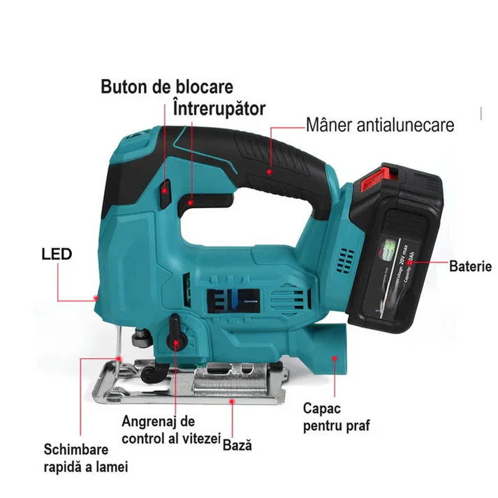 Fierăstrău Pendular (Șoricel) Fără Fir 48V, 2 Acumulatori 4.0Ah, Încărcător și Valiză Incluse, 3200 RPM, 3 Trepte Pendulare, Tăiere la 45°, Set Complet pentru Lemn și Metal
