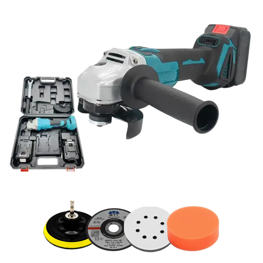 Polizor unghiular cu acumulator 48V, 2 baterii detasabile, discuri taiere/slefuire incluse, incarcator rapid, valiza transport si depozitare