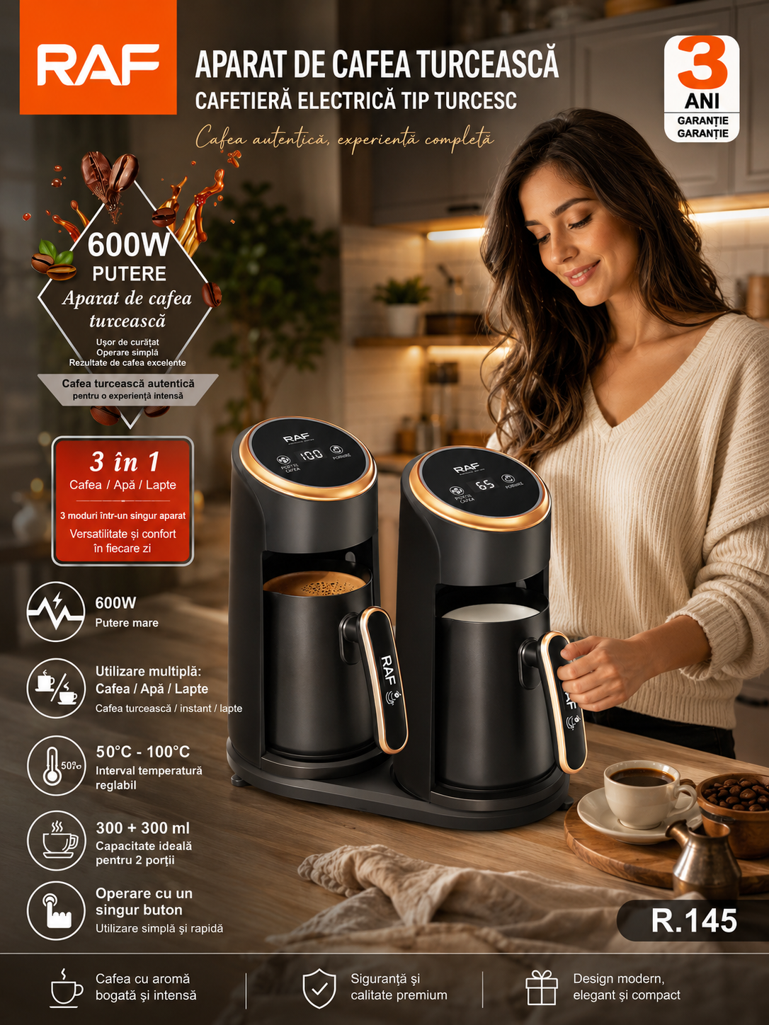 Cafetieră Electrică Turcească RAF R145, 600W, Sistem Dublu 0.3L + 0.3L, Prepară 2 Cafele Simultan, Oprire Automată, Auriu/Negru