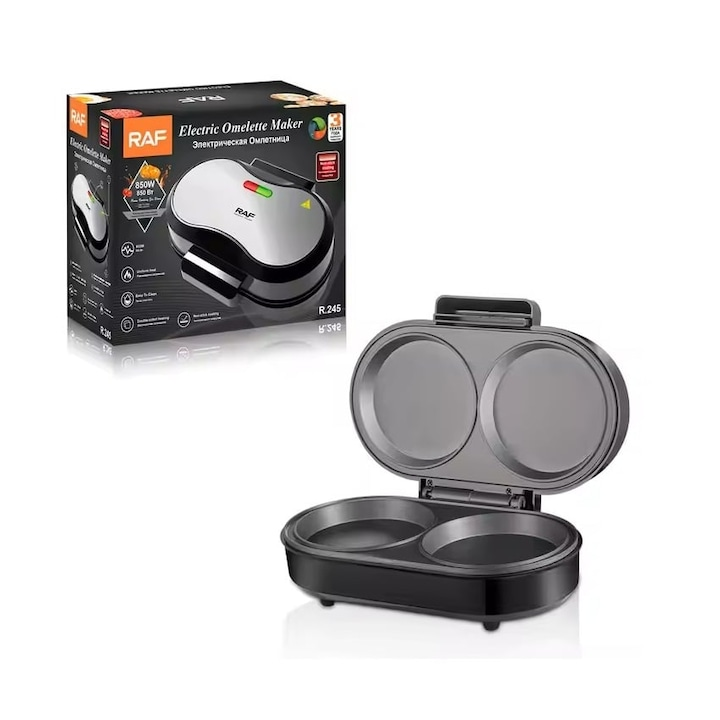 Aparat pentru burgeri si omlete RAF R245, 850W, 2 compartimente, antiaderent, compact, garantie 3 ani