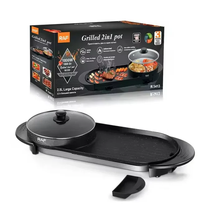 Plita electrica 2 in 1 RAF R5413, 1800W, 2.5L, antiaderenta, reglaj temperatura, portabila, cu capac, garantie 3 ani