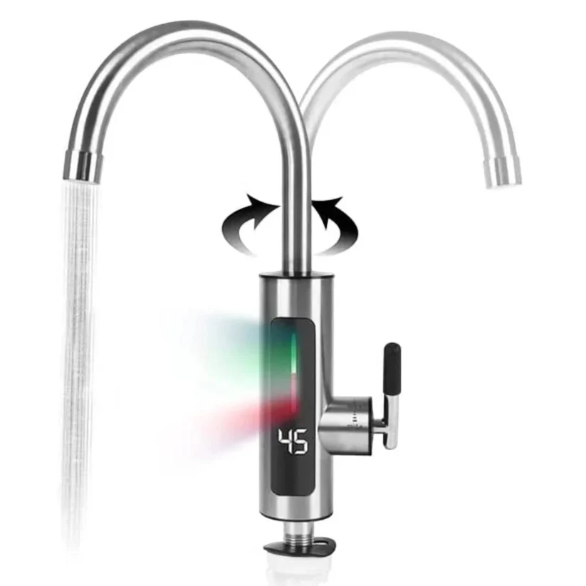 Robinet electric apă caldă instant din inox, 3000W, afișaj digital, rotire 360°, IPX4