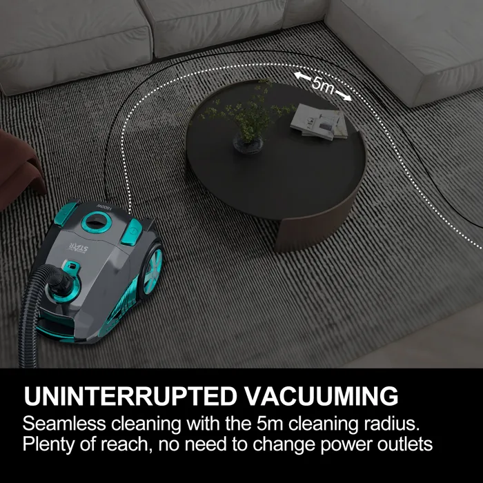Aspirator Fără Sac 1800W, Putere de Aspirare 22 kPa, Recipient 4L | Filtrare Multiciclonică | Cablu 5m | Pentru Covoare și Păr de Animale