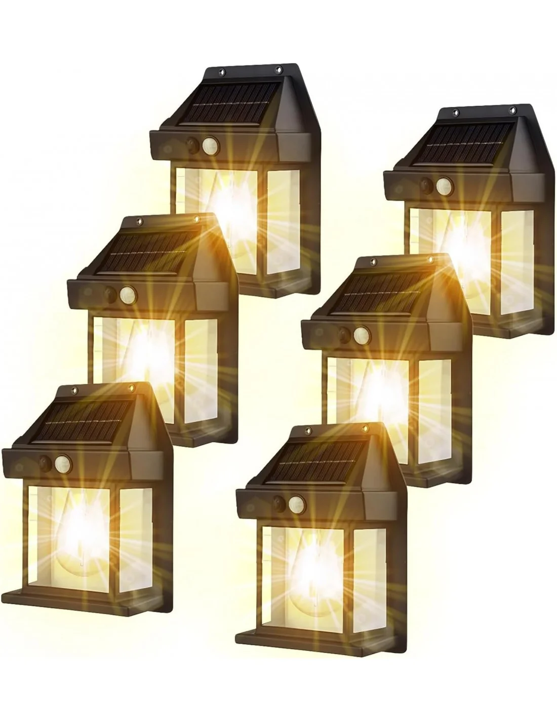 Set 6 Lampi Solare de Perete Tip Felinar, Senzor de Miscare, Iluminare LED Automata, Rezistente la Intemperii, Negru