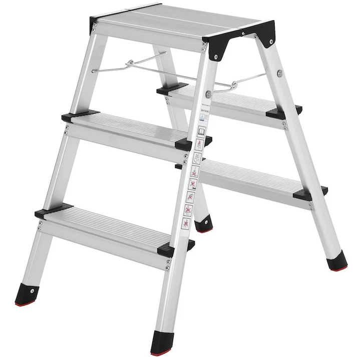Scara dubla pliabila aluminiu, 3 trepte, capacitate 150 kg, usoara, multifunctionala, antiderapanta