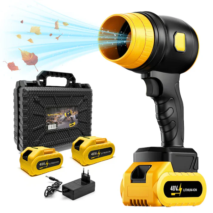 Suflantă Aer Portabilă 48V, 2 Acumulatori Reîncărcabili, 34000 RPM, Încărcător și Duze Incluse, pentru Uscare Auto, Curățare Frunze și Îndepărtare Praf