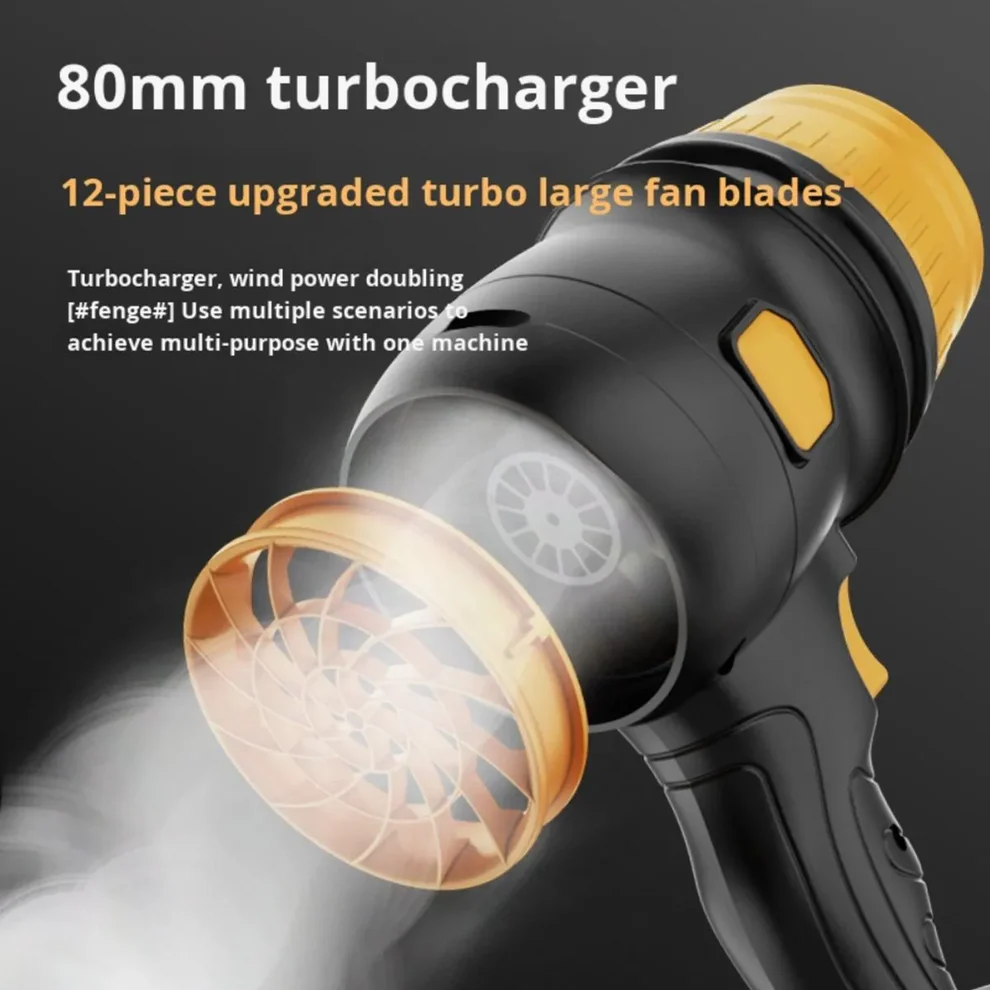 Suflantă Aer Portabilă 48V, 2 Acumulatori Reîncărcabili, 34000 RPM, Încărcător și Duze Incluse, pentru Uscare Auto, Curățare Frunze și Îndepărtare Praf