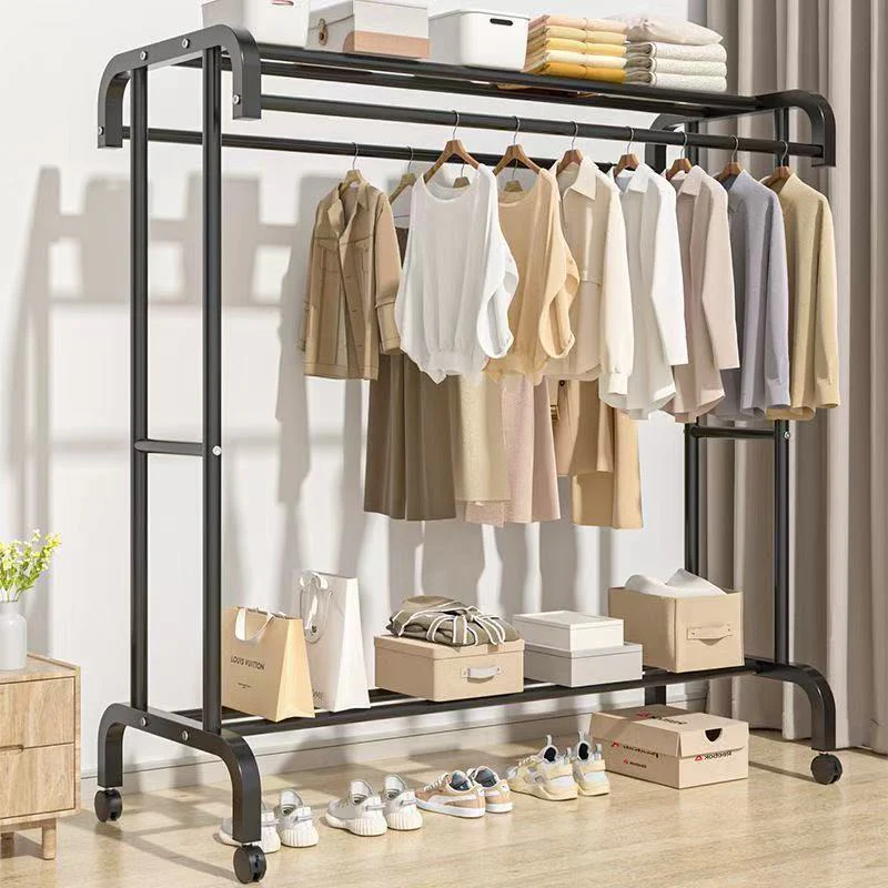 Suport haine metalic cu 2 bare și raft depozitare, capacitate 50 kg, 150 x 120 x 48 cm, negru