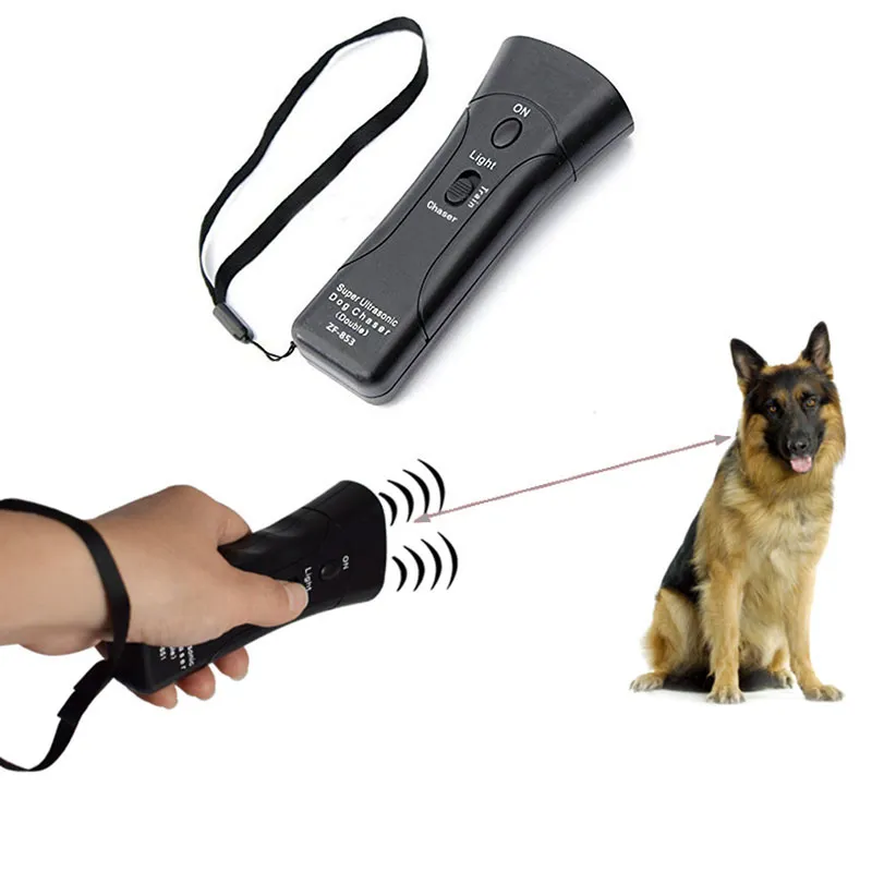Aparat cu ultrasunete pentru caini, dispozitiv portabil dresaj si descurajare, raza pana la 12 m, LED integrat, alimentare 9V