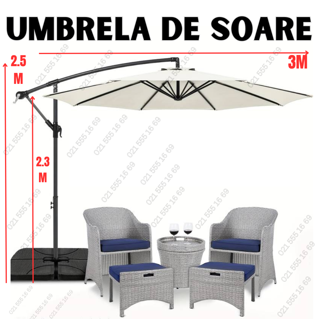 Umbrelă de soare suspendată pentru grădină, 3 x 2.5 m, structură metalică, reglabilă, cu suport
