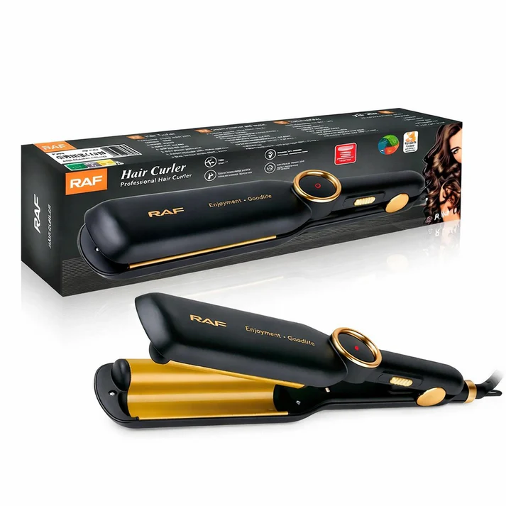 Ondulator par RAF R0411, invelis ceramic, temperatura digitala, cablu rotativ 360°, bucle, negru/auriu, garantie 3 ani