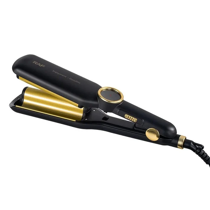 Ondulator par RAF R0411, invelis ceramic, temperatura digitala, cablu rotativ 360°, bucle, negru/auriu, garantie 3 ani