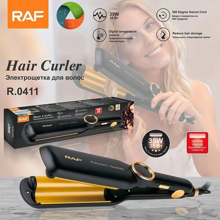 Ondulator par RAF R0411, invelis ceramic, temperatura digitala, cablu rotativ 360°, bucle, negru/auriu, garantie 3 ani