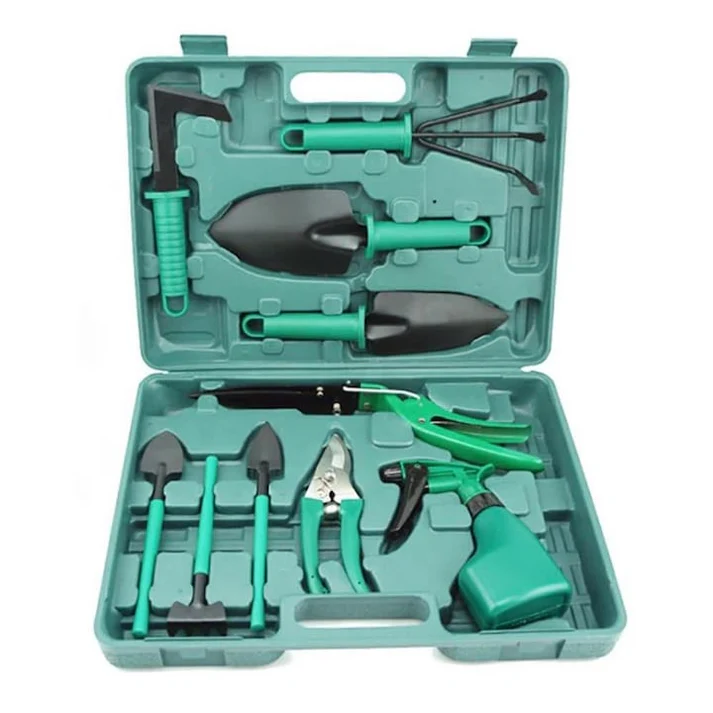 Set unelte grădinărit 10 piese cu valiză, foarfecă, lopată, greblă, metal și plastic