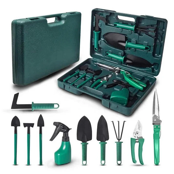 Set unelte grădinărit 10 piese cu valiză, foarfecă, lopată, greblă, metal și plastic