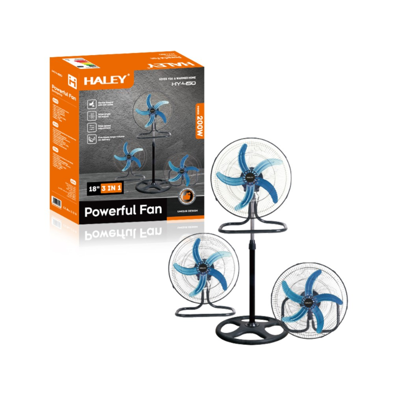 Ventilator 3 in 1 HALEY, Garantie 3 Ani, 200W, 45cm, Podea/Perete/Stativ, 3 Viteze, Oscilatie, Inaltime Reglabila pana la 155cm