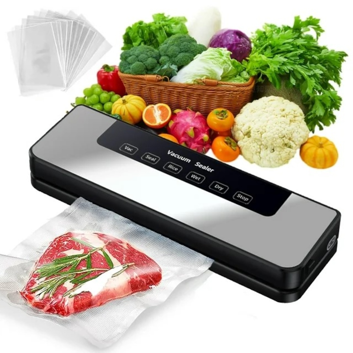 Aparat de vidat alimente 120W, 65kPa, 5 moduri, bara sigilare 30 cm, functie puls, set 20 pungi 20x25 cm, gri