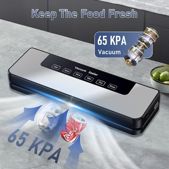 Aparat de vidat alimente 120W, 65kPa, 5 moduri, bara sigilare 30 cm, functie puls, set 20 pungi 20x25 cm, gri
