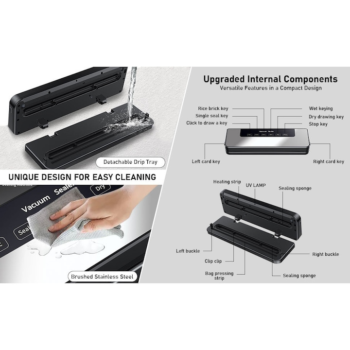 Aparat de vidat alimente 120W, 65kPa, 5 moduri, bara sigilare 30 cm, functie puls, set 20 pungi 20x25 cm, gri