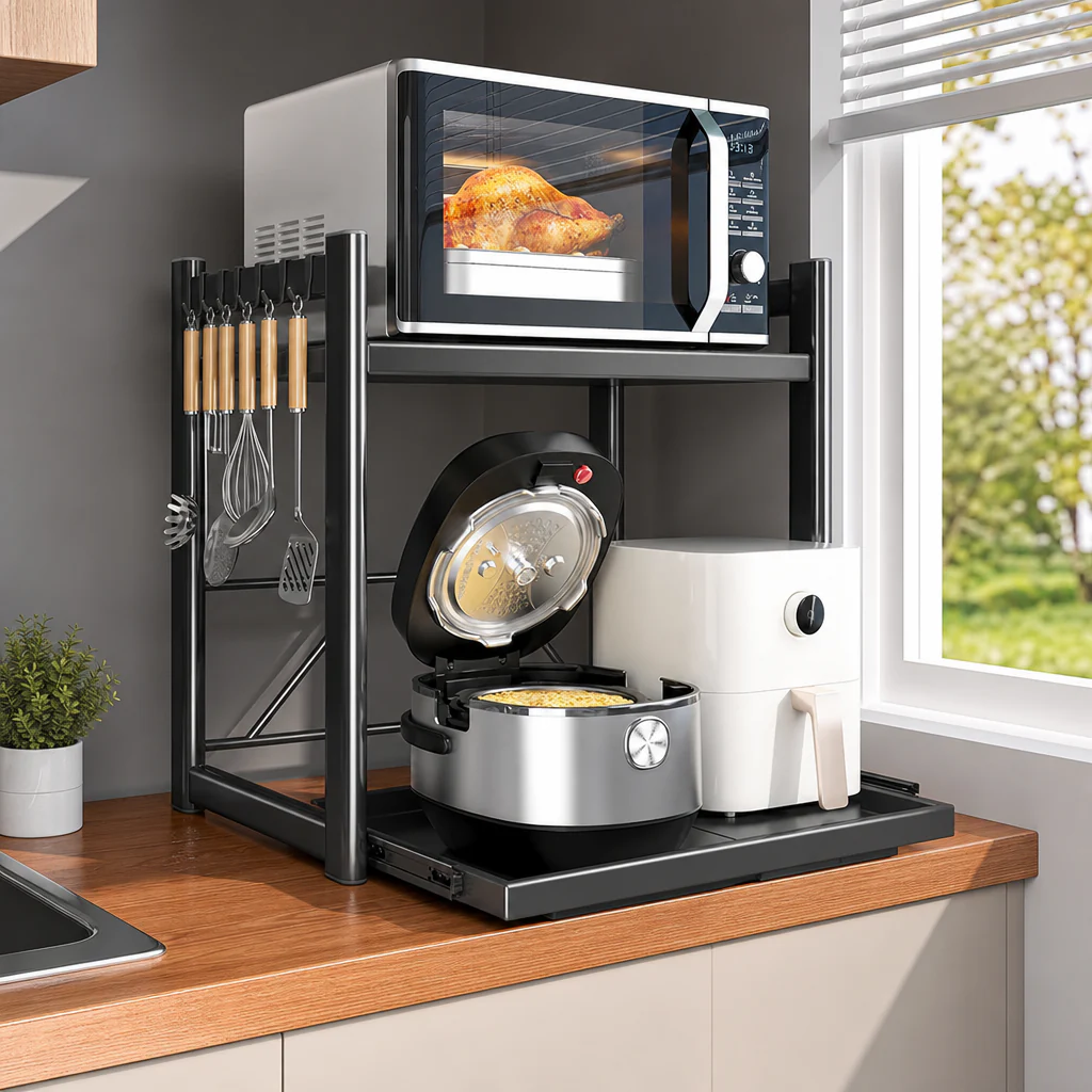 Suport Reglabil pentru Cuptor cu Microunde, Extensibil, Raft Metalic pentru Bucătărie, Organizator pentru Air Fryer, Espressor, Cuptor Electric și Electrocasnice
