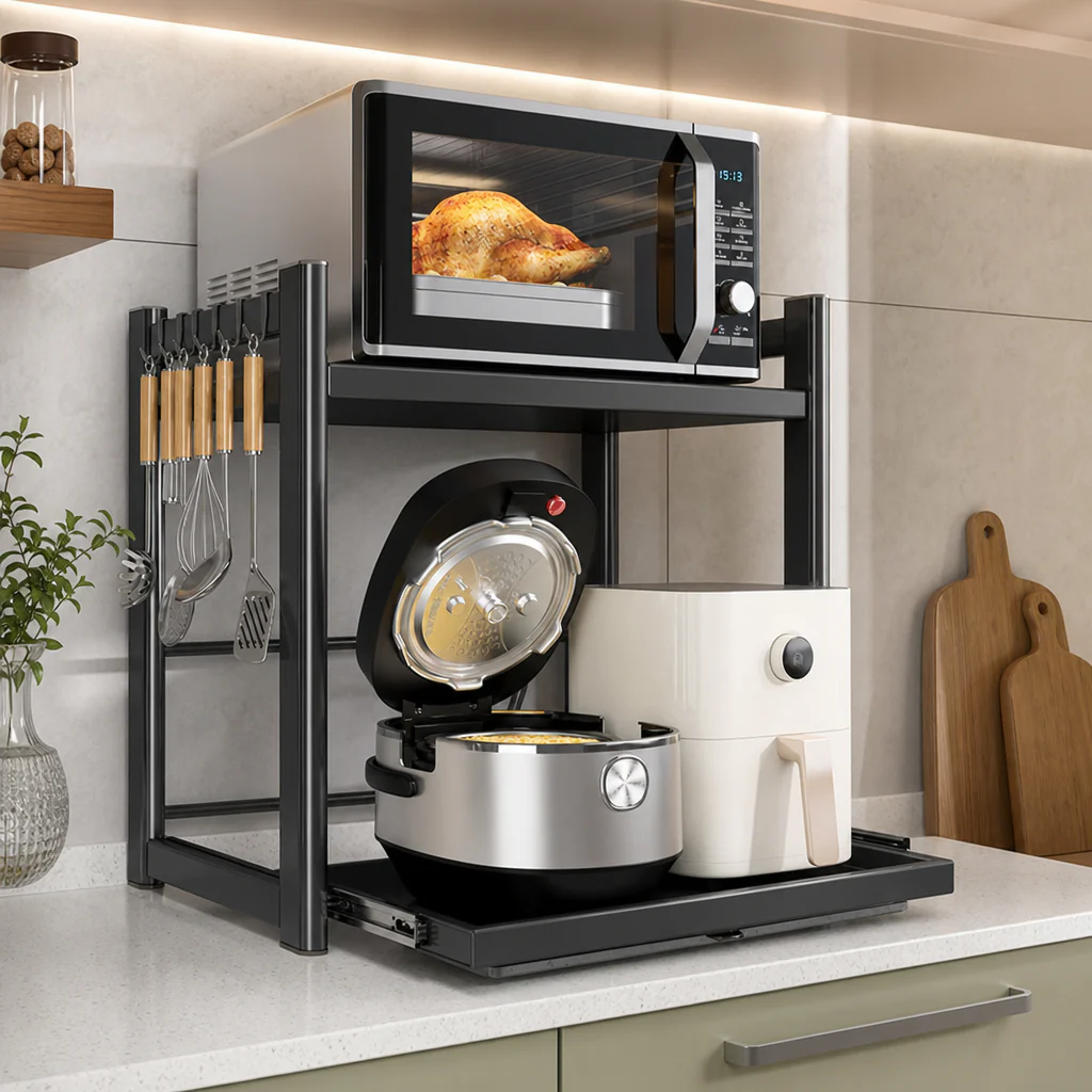 Suport Reglabil pentru Cuptor cu Microunde, Extensibil, Raft Metalic pentru Bucătărie, Organizator pentru Air Fryer, Espressor, Cuptor Electric și Electrocasnice