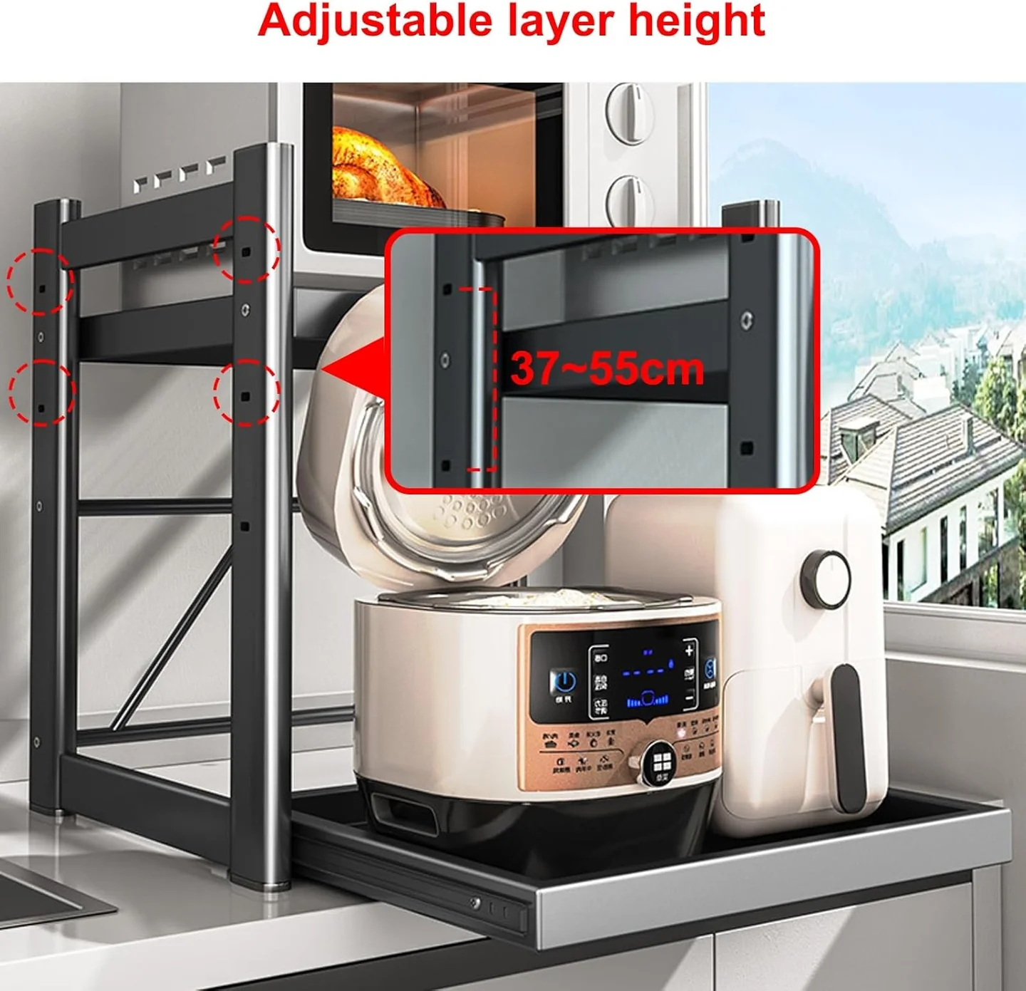 Suport Reglabil pentru Cuptor cu Microunde, Extensibil, Raft Metalic pentru Bucătărie, Organizator pentru Air Fryer, Espressor, Cuptor Electric și Electrocasnice