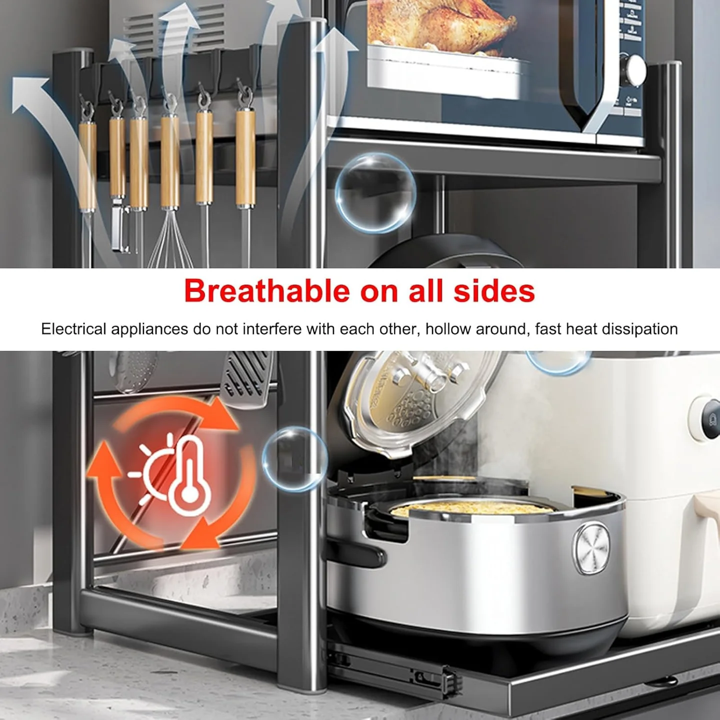 Suport Reglabil pentru Cuptor cu Microunde, Extensibil, Raft Metalic pentru Bucătărie, Organizator pentru Air Fryer, Espressor, Cuptor Electric și Electrocasnice
