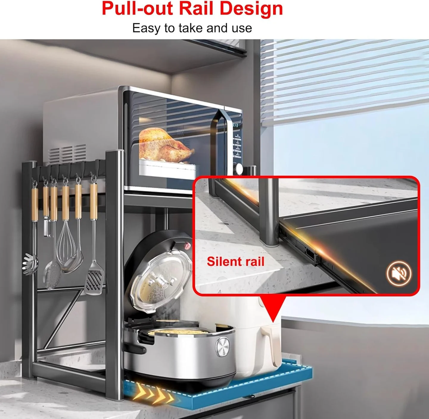 Suport Reglabil pentru Cuptor cu Microunde, Extensibil, Raft Metalic pentru Bucătărie, Organizator pentru Air Fryer, Espressor, Cuptor Electric și Electrocasnice