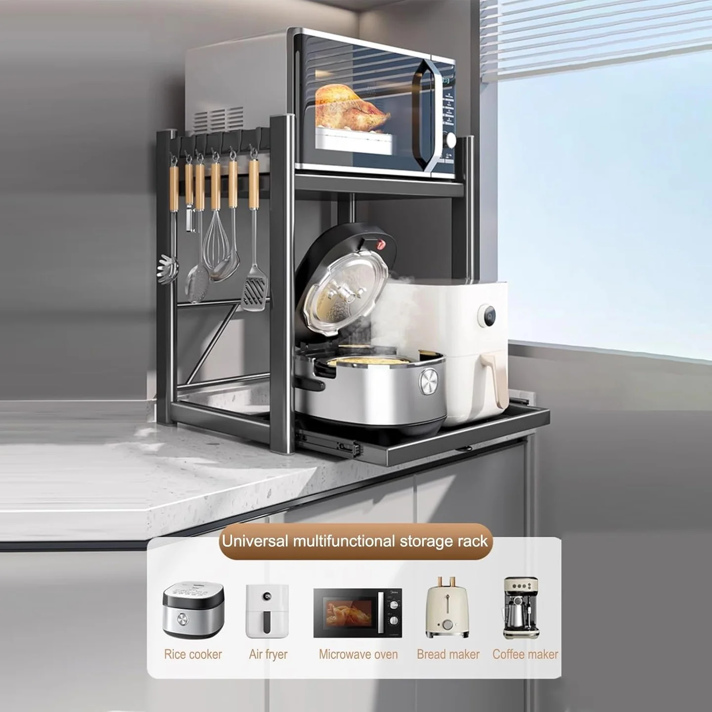 Suport Reglabil pentru Cuptor cu Microunde, Extensibil, Raft Metalic pentru Bucătărie, Organizator pentru Air Fryer, Espressor, Cuptor Electric și Electrocasnice