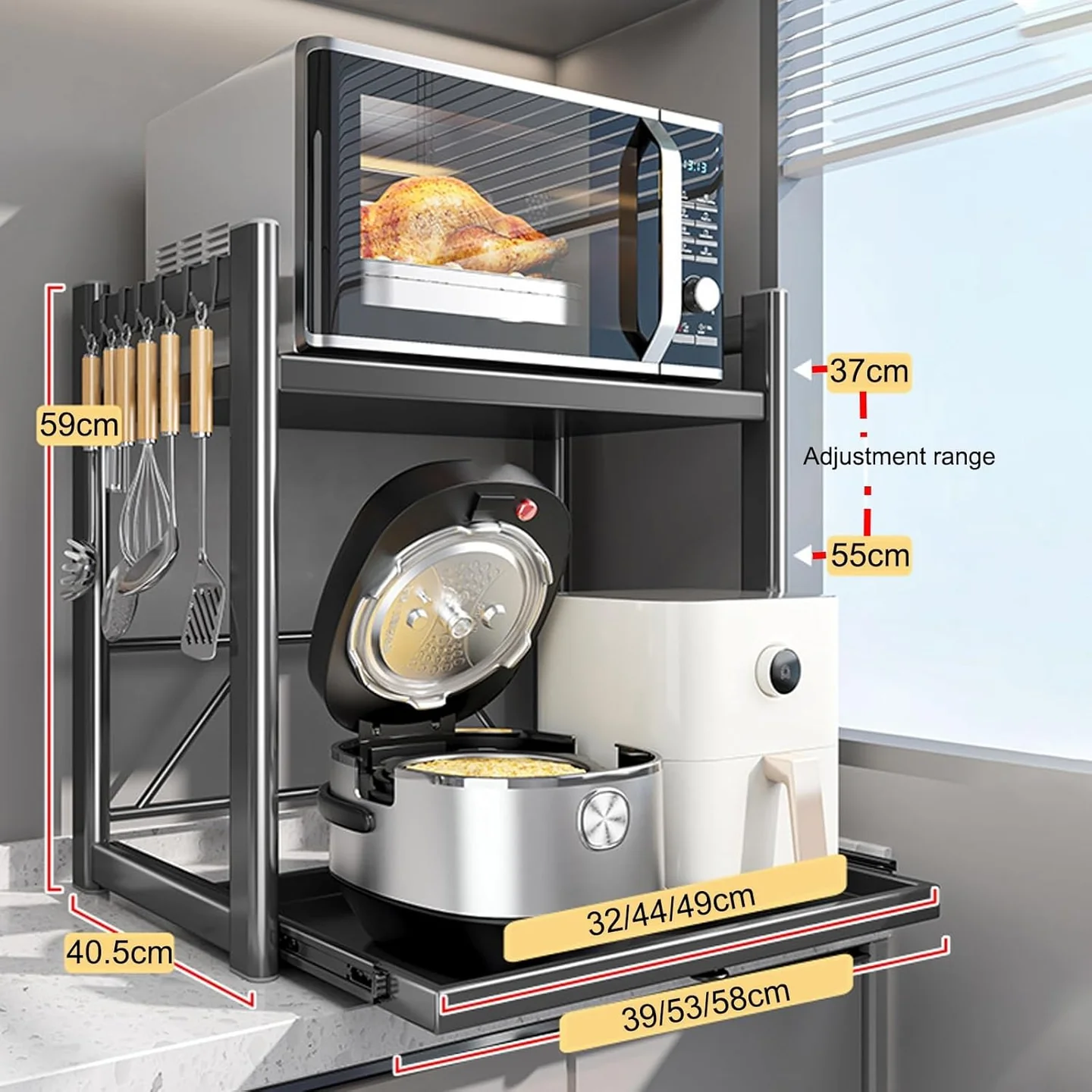 Suport Reglabil pentru Cuptor cu Microunde, Extensibil, Raft Metalic pentru Bucătărie, Organizator pentru Air Fryer, Espressor, Cuptor Electric și Electrocasnice