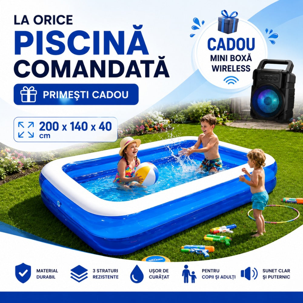 Piscină Gonflabilă 200x140x40 cm, 2 Inele Rezistente, PVC Gros, pentru Copii și Adulți, Mini Boxă Wireless Cadou Inclusă