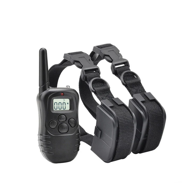 Set 2 zgărzi pentru dresaj câini, cu telecomandă, vibrații, sunet și impuls reglabil, rază până la 300 m, curea reglabilă