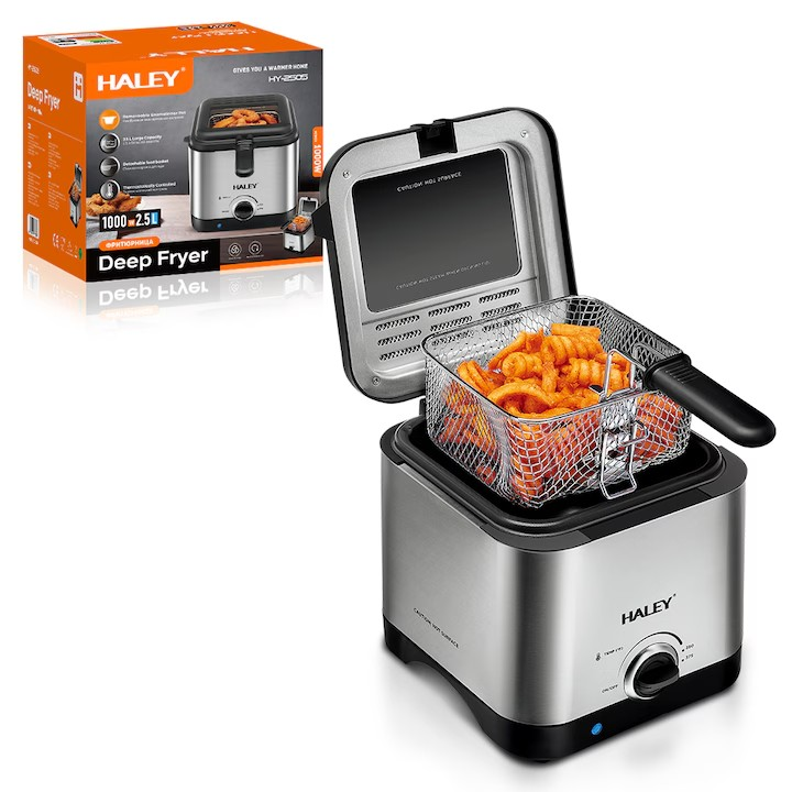 Friteuza Electrica HALEY , Garantie 3 Ani, 1000W, Capacitate 2.5L, Control Temperatura, Design Elegant Argintiu