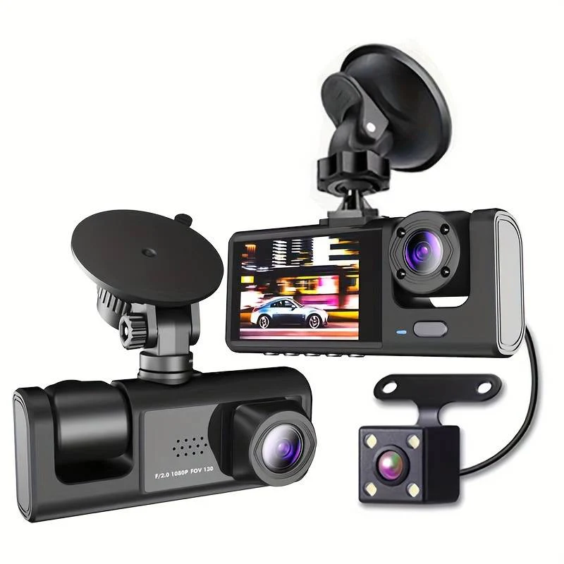 CAMERA AUTO TRIPLĂ FULL HD 1080P – 3 CAMERE FAȚĂ/SPATE/INTERIOR, ECRAN 2”, G-SENZOR, ÎNREGISTRARE CICLICĂ