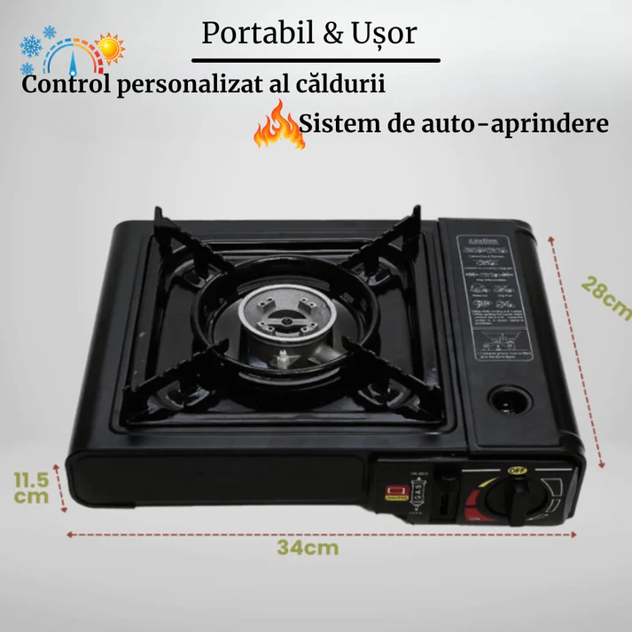 Aragaz portabil camping 2.3kW, aprindere automata, compatibil gaz butan/GPL, compact, negru