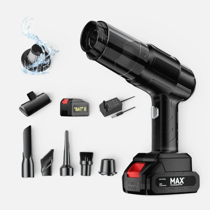 Aspirator și suflantă portabilă 4 în 1, fără fir, 2 acumulatori, motor brushless, 6 duze incluse