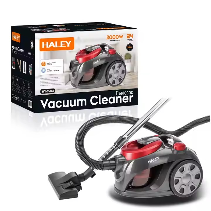 Aspirator HALEY HY-1503, 3000W, recipient 1.5L, cu sac, putere aspirare mare, rosu/negru, Garantie 3 Ani