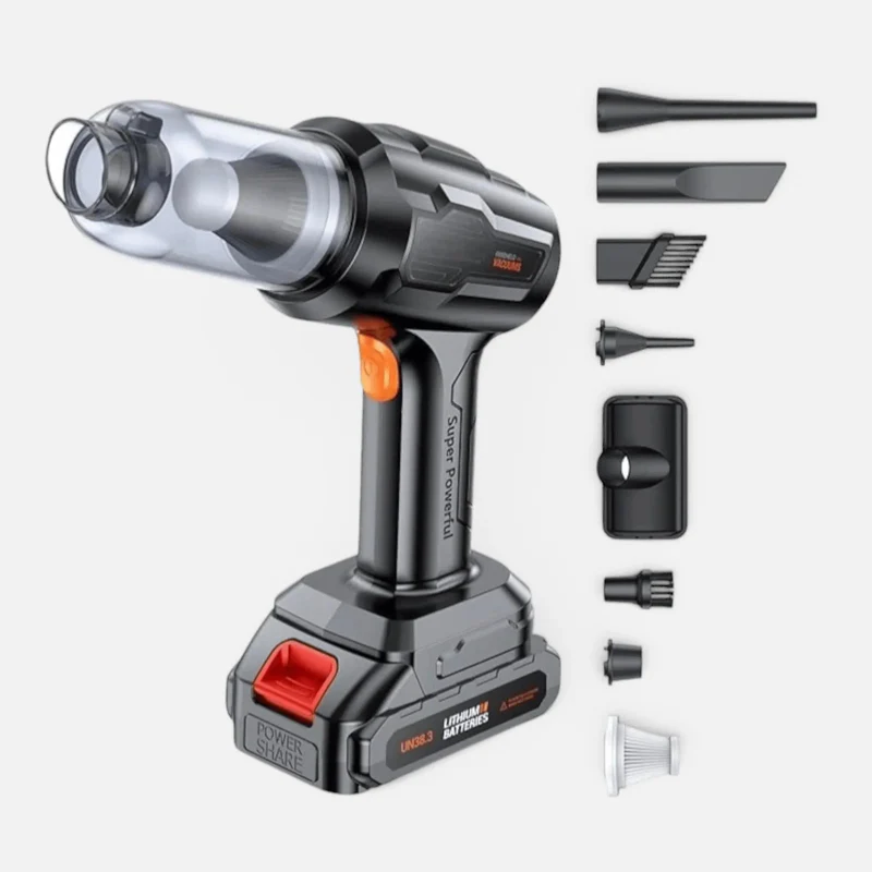 Aspirator și suflantă portabilă 4 în 1, fără fir, 2 acumulatori, motor brushless, 6 duze incluse