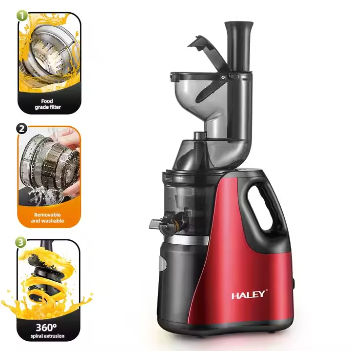 Storcator electric HALEY, 150W, pentru fructe si legume, inox, sistem anti-alunecare, rosu/negru, Garantie 3 Ani
