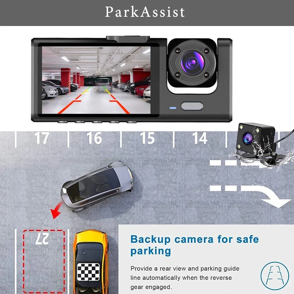 CAMERA AUTO TRIPLĂ FULL HD 1080P – 3 CAMERE FAȚĂ/SPATE/INTERIOR, ECRAN 2”, G-SENZOR, ÎNREGISTRARE CICLICĂ