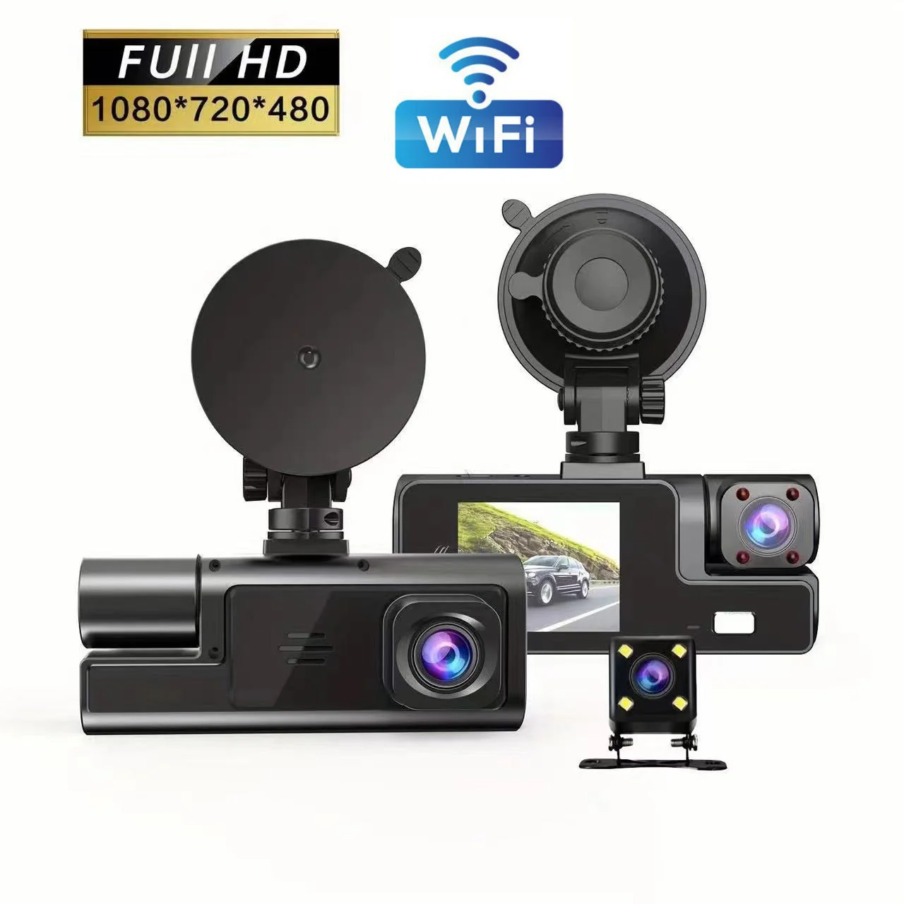 CAMERA AUTO TRIPLĂ FULL HD 1080P – 3 CAMERE FAȚĂ/SPATE/INTERIOR, ECRAN 2”, G-SENZOR, ÎNREGISTRARE CICLICĂ