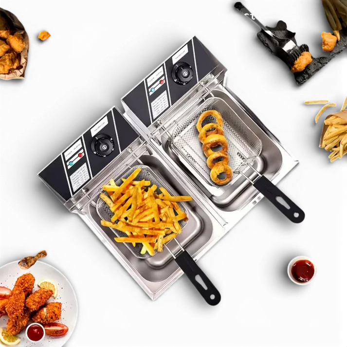 Friteuză electrică 12L din inox, 5000W, termostat reglabil 60–200°C, cuve duble independente